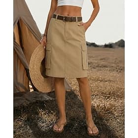 Femmes Skits de chargement Mode Basique Occasionnel Mi-long Taille haute Jupes Non Elastique Kaki Noir Vert Véronèse gris foncé Été