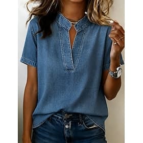 Chemise femme en coton lavé aspect denim, style bohème, patchwork de dentelle, couleur unie, style vintage western décontracté, manches courtes, col carré, cou
