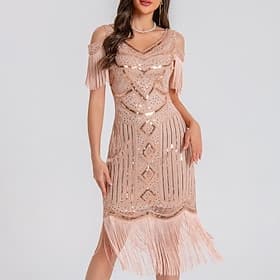 Élégance vintage : robe midi à sequins or rose et épaules dénudées ourlet à franges - élégante robe de soirée cocktail champagne