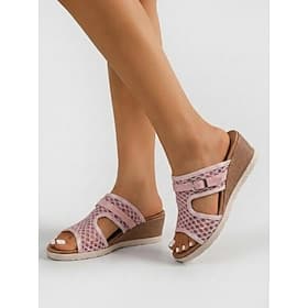 Women's Pink Breathable Mesh Wedge Sandals – Adjustable Buckle Slide Mules with Cushioned Footbed, Lightweight Comfort for Vacation, Beach Walks and Everyday W
