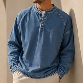 Homme Chemise Henley manche longue Henley Toutes saisons Uni Actif Mode Frais Rétro Teinture en vêtement Délavé Occasionnel Quotidien Vêtements de rue Bleu Noi