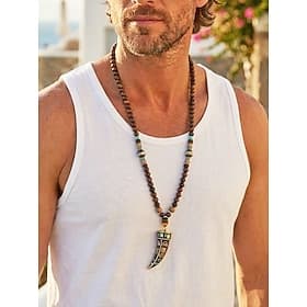 Collier pour homme avec pendentif en forme de croissant de lune bohème, longue chaîne de perles en bois, alliage ethnique tribal Collier statement en perles de
