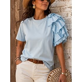 Femmes Chemise d'été A Volants Asymétrique Couleur Unie Élégant ancien Manche Courte Col ras du cou Hauts Réguliers Occasionnel Marron café Blanche Bleu Ciel V