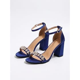 Women's Sparkly Royal Blue Satin Sandals - Elegant Crystal Flower Rhinestone Block High Heels with Ankle Strap for Summer Cocktail Party  Wedding Guest