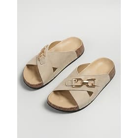 Women's Beige Cross Strap Comfort Slides with Gold Chain Detail – Casual Lightweight Wide-fit Walking Slides with Cushioned Footbed for Casual Wear, Travel and