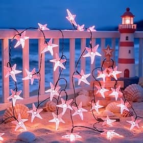 Guirlande lumineuse solaire rose en forme d'étoile de mer, étanche, 20/30 LED, avec étoiles bleues, idéale pour les fêtes, les mariages, la plage, le camping,