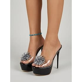 Sexede platforms-stiletto-mules til kvinder - høje hæle med klare PVC-rhinestones og kvaster til natklubfester og pigeaftener klubtøj