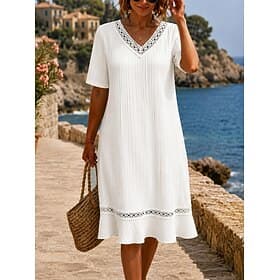 Women's Knee Length Dress White Lace Dress Shift Dress Elegant Vacation Fashion Outdoor Beach Loose Fit Plain Short Sleeve V Neck White Spring