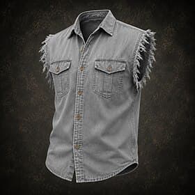 SoftFade™ Men Shirt Casual Shirt Cargo Shirt Demin Shirt Acid Wash Shirt Garment Dyed Sleeveless Plain Shirt Collar Casual Daily Front Pocket Clothing Apparel