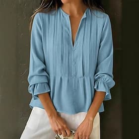 Femmes Chemise Chemisier Froncé Couleur Unie Uni Élégant Mode Quotidien manche longue Manche cloche Col en V Hauts Longs Occasionnel Quotidien Rouge Bleu Ciel