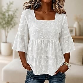 Femmes Hauts en dentelle Froncé Jacquard Texture Élégant Manche 3/4 Col carré Occasionnel Blanche Été Printemps