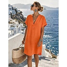 Damen Knielanges Kleid Leinenkleider Vintage Täglich Schlank Einfach Kurzarm V Ausschnitt Khaki Rote Orange Sommer