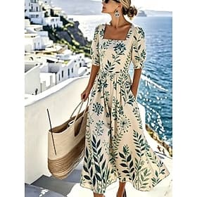 Femmes Robe Midi Robe trapèze Vacances Plage Fête Coupe régulière Fleuri Graphique Demi Manches Col carré Rose Claire Rose Claire Beige Été Printemps