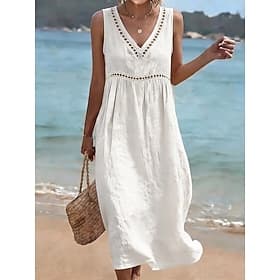 Women's Midi Dress Lace Dress White Dress Summer Dress Elegant Fashion Beach Vacation Holiday Regular Fit Plain Sleeveless V Neck Blue White Yellow Pink Summer