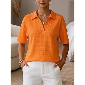 Femmes T-shirt Polo Tops en tricot gaufre Uni Mode Élégant Basique Manche Courte Col de chemise Hauts Réguliers Occasionnel Quotidien Sortir Bleu Noir Blanche