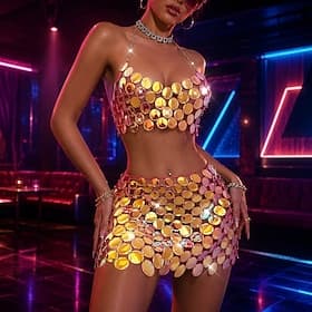 Rétro Vintage Disco Années 1980 Mini Tenues Disco Paillettes Col Halter Déguisement Femmes Costume de Carnaval Halloween Carnaval Plage Soirée Boîte de Nuit Ad