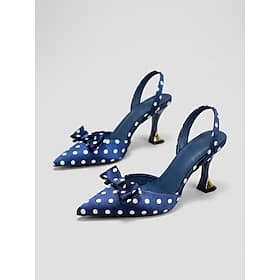 Women's Navy Blue Polka Dot Slingback Pumps - Retro Satin Pointed Toe Kitten Heels with Bow for Casual Daily Wear  Office Work