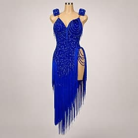 Robe de danse latine bleu roi pour femme - tenue de compétition de salsa à franges richement perlées - accents floraux 3D strass - robe de scène professionnell