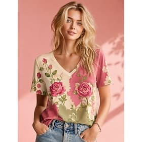 Femmes T-shirt bohème Hauts d'été Fleuri Graphique Plantes Élégant Bohème ancien Manche Courte Col en V Hauts Réguliers Occasionnel Quotidien Sports Blanc / Ro