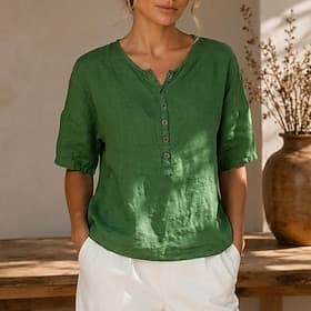 Femmes Chemise en lin Boutons Couleur Unie ancien Manche 3/4 Col ras du cou Occasionnel Blanche Jaune Vert Été Printemps