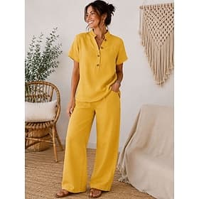 Femmes Ensembles en coton et lin Ensembles de Pantalons Manche Courte Col montant Couleur Unie Uni Mode Streetwear Occasionnel Quotidien Extérieur Jaune Printe