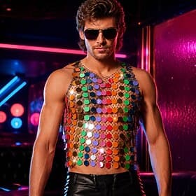 Rétro Vintage Disco Années 1980 Débardeur Sans manches Disco Paillettes Couleur métalique brillante Déguisement Homme Costume de Carnaval Halloween Carnaval So