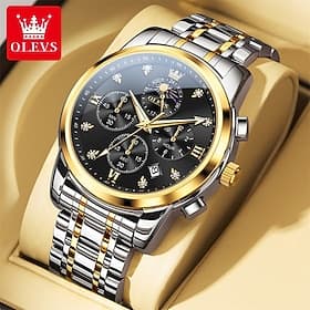 Montre de luxe pour homme Olevs, chronographe bicolore en acier inoxydable doré, étanche, phase de lune, quartz analogique, date, luminescente, idéale pour les