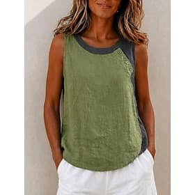 Women's Cotton Linen Vest Patchwork Buttons Asymmetric Color Block Vintage Sleeveless Crew Neck Square Neck Regular Tops Casual Red Light Brown Green Summer Sp