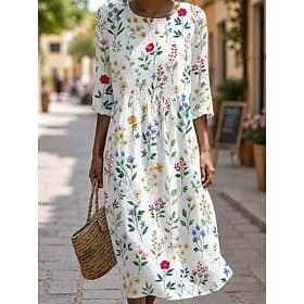 Femmes Robe Midi Robe Décontractée Robe d'été Vacances Occasionnel Chaussures de plage Plage Fête Coupe régulière Fleuri Graphique Manche 3/4 Col ras du cou Bl thumbnail 2