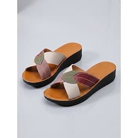 Women's Beige Comfort Slide Sandals – Lightweight Leaf Shape Cross Strap Slides with Non-Slip Sole and Microbial Leather Upper for Travel, Vacation, Shopping a