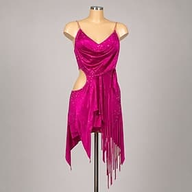 Robe de danse latine rose fuchsia pour femme - robe de compétition professionnelle de salsa et samba - tenue de scène asymétrique à franges et strass scintilla