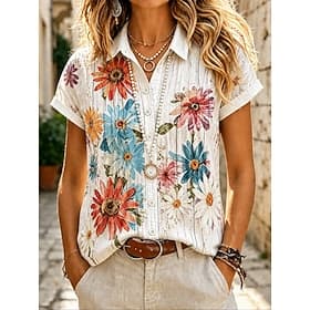 Women's Shirt Buttons Print Floral Graphic Daily Stylish Casual Short Sleeve Shirt Collar Regular Tops Casual Daily Blue White Purple Summer Spring