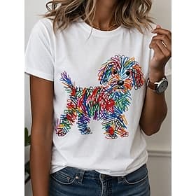 Women's T Shirt Print Graphic Animal Dog Stylish Classic Casual Short Sleeve Crew Neck Regular Tops Casual Daily Blue Yellow Rainbow Summer Spring