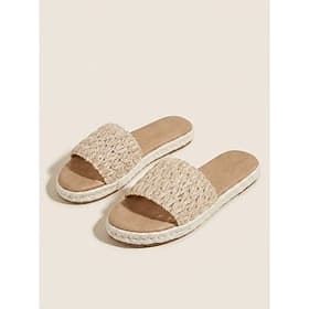 Women's Woven Raffia Slide Sandals - Boho Open Toe Straw Flat Mules for Summer Beach Vacation, Natural Espadrille Slides