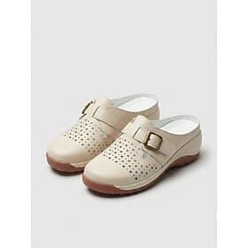 Women's Beige Comfortable Wedge Mule Shoes – Breathable Perforated Slip-On Clogs with Adjustable Buckle, Non-Slip Outsole and All-Day Comfort for Walking, Trav