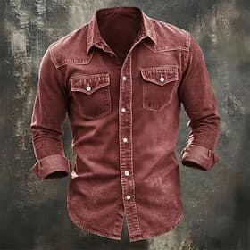 Men Shirt Casual Shirt Work Shirt Western Shirt Button Up Shirt Garment Dyed Blue Black Red Green Long Sleeve Plain Shirt Collar Casual Daily Front Pocket Clot thumbnail 3