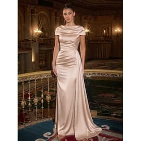 Fourreau Colonne Longueur au sol Robe de Soirée Élégant Soirée taille empire Demi Manches Festonnées Mariage Formel Poche Satin avec Plis Couleur Unie