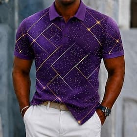 Men's Geometic Polo Shirts Short Sleeve Polo Shirts Collared Shirts Casual Athleisure 3D Print Buttons Breathable Mesh Summer Spring Blue Black Purple