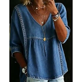 Chemise femme bohème, chemise en jean effet dentelle, chemise décontractée patchwork en dentelle, couleur unie, style vintage western, manches courtes, col V,