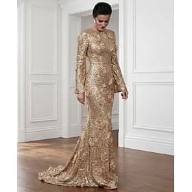 Sirène Trompette Traîne chapelle Robes de Bal Robe de Soirée Tenue de soirée Élégant Fête Style Célébrité manche longue Col ras du cou Formel Cravate noire Pai