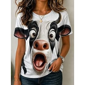 Femmes T-shirt Bloc de Couleur Imprimé Graphique Animal Vache ancien Élégant Classique Manche Courte Col ras du cou Hauts Réguliers Occasionnel Quotidien Blanc