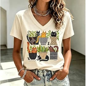 Women's T Shirt Print Graphic Animal Cat Stylish Classic Casual Short Sleeve V Neck Regular Tops Casual Daily Light Beige Summer Spring