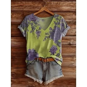 Easter Women's T Shirt Print Floral Graphic Plants Stylish Classic Casual Short Sleeve V Neck Regular Tops Casual Daily Green Summer Spring