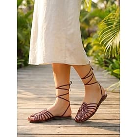 Women's Lace-up Woven Cage Sandals - Burgundy Strappy Flat Gladiator Shoes for Summer Outdoor Vacation, Beach  European Trave