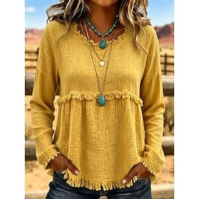 Chemisier bohème péplum à franges pour femme, manches longues texturées et bords francs, style western décontracté