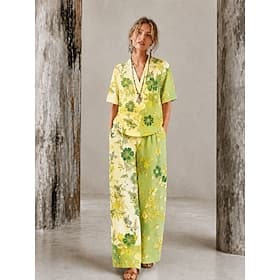 Femmes Chemise Ensembles en coton et lin Ensembles de Pantalons Manche Courte Col en V Fleuri Graphique Géométrique Imprimé Vacances Mode Streetwear Occasionne thumbnail 2