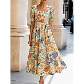 Femmes Robe Midi Robe Décontractée Robe trapèze Élégant Vacances Boho Plage Fête Coupe régulière Fleuri Graphique Manche Courte Col carré Orange Abricot Été Pr