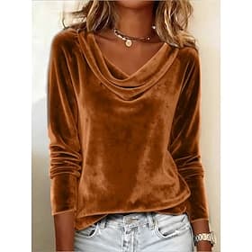 Blouse élégante à manches longues et col bénitier en velours doux, style tunique décontractée et habillée.