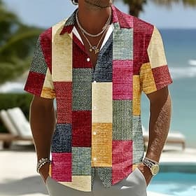 Men's Geometric Plaid Color Block Shirt Button Up Shirt Short Sleeve Fashion Casual Daily Beach Vacation Wear Summer Spring Turndown 3D Print Linen Like Shirt — image 1