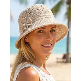 Chapeau de soleil pliable en crochet pour femme, orné d'une fleur, léger, en maille polyester à larges bords, idéal pour la plage en été, les voyages, les gard